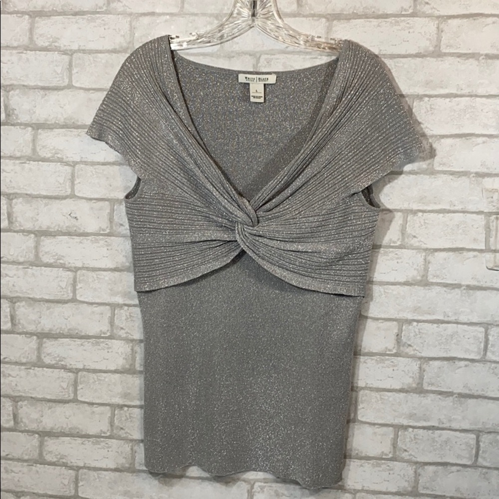 White House black market silver knitted blouse L